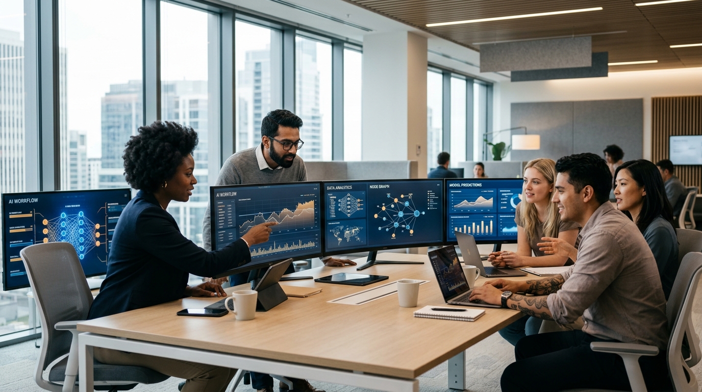 VSG team collaborating around data dashboards and AI workflow monitors in a modern office